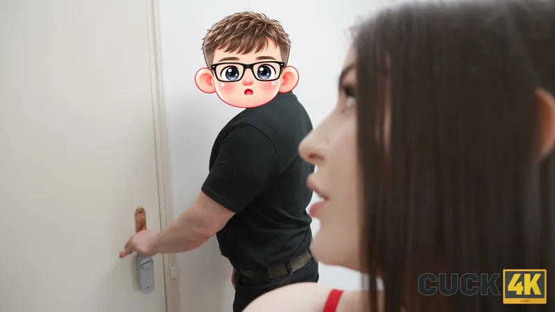 Her husband holds the handle of the white door while she watches him from the foreground