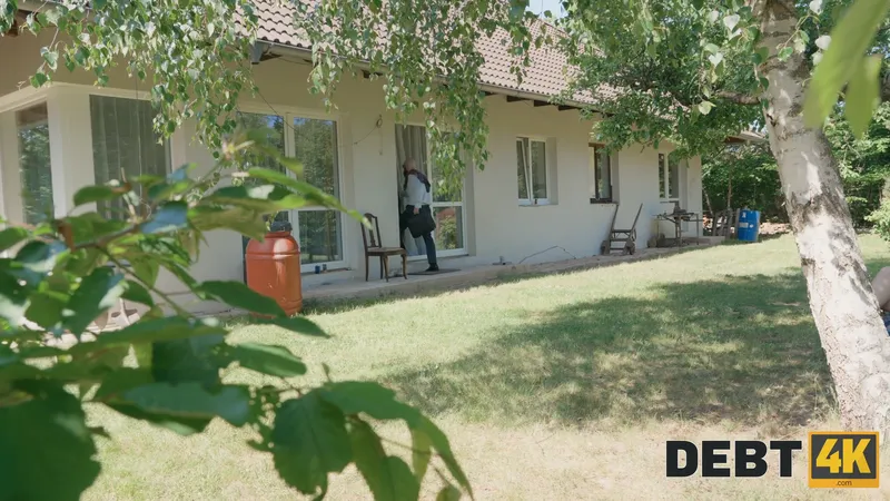 A man in a suit walks through the glass door of the single-storey house