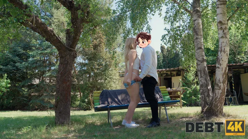 Millie and Billy close together beside a garden bench under the birch trees